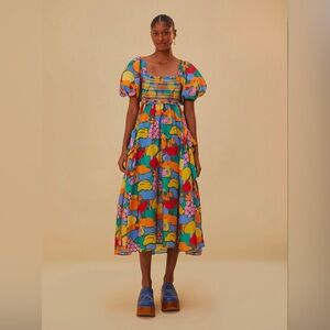 Farm Rio Multicolor Fruit Landscape Short Sleeve Midi Dress